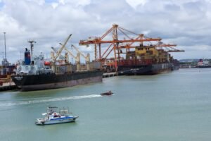 crédito extraordinário: Vista aérea de navios de carga atracados no Porto de Suape com guindastes ao fundo.