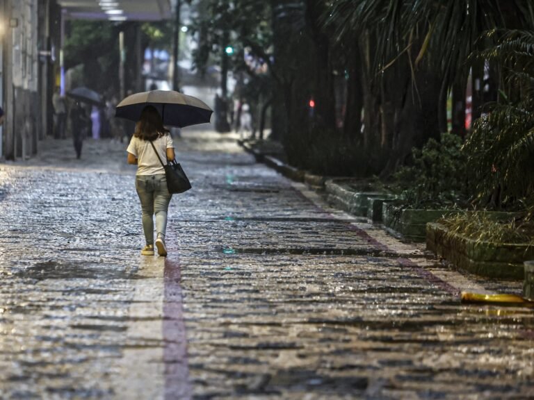 chuvas fortes: mulher de costas caminha sob um guarda-chuva preto em calçada de pedras molhada pela chuva.